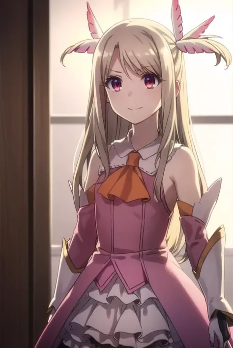 illyasvielvoneinzbern, <lora:illyasviel von einzbern s2s3-lora-nochekaiser:1>,
illyasviel von einzbern, long hair, blonde hair, (red eyes:1.3), (parted bangs:1.5), smile,
BREAK hair ornament, gloves, dress, jewelry, earrings, detached sleeves, ascot, magical girl, feathers, pink dress, feather hair ornament, prisma illya,
BREAK indoors,
BREAK looking at viewer, (cowboy shot:1.5), dynamic pose,
BREAK <lyco:GoodHands-beta2:1>, (masterpiece:1.2), best quality, high resolution, unity 8k wallpaper, (illustration:0.8), (beautiful detailed eyes:1.6), extremely detailed face, perfect lighting, extremely detailed CG, (perfect hands, perfect anatomy),