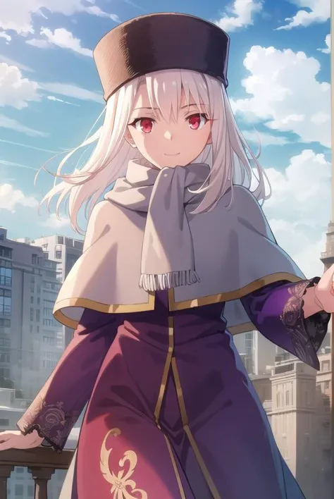 illyasvielvoneinzbern, <lora:illyasviel von einzbern ubw-lora-nochekaiser:1>,
illyasviel von einzbern, long hair, (red eyes:1.5), white hair, smile,
BREAK hat, boots, scarf, coat, capelet, white scarf, purple headwear, fur hat, papakha,
BREAK outdoors, sky, clouds, sun, city,
BREAK looking at viewer, (cowboy shot:1.5),
BREAK <lyco:GoodHands-beta2:1>, (masterpiece:1.2), best quality, high resolution, unity 8k wallpaper, (illustration:0.8), (beautiful detailed eyes:1.6), extremely detailed face, perfect lighting, extremely detailed CG, (perfect hands, perfect anatomy),