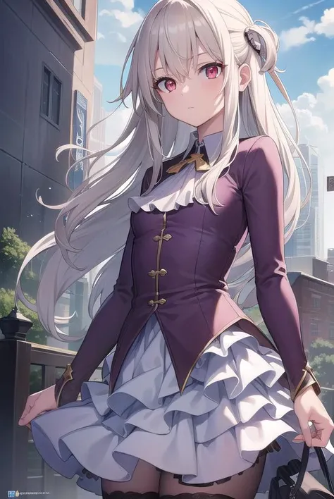 illyasvielvoneinzbern, <lora:illyasvielvoneinzbern-lora-nochekaiser:1>,
illyasviel von einzbern, blonde hair, hair between eyes, long hair, (red eyes:1.5), (small breasts:1.2),
BREAK ankle boots, boots, frilled skirt, frills, purple footwear, purple shirt, skirt, white skirt,
BREAK outside, city, sky, sun, clouds,
BREAK looking at viewer, (cowboy shot:1.5),
BREAK <lyco:GoodHands-beta2:1>, (masterpiece:1.2), best quality, high resolution, unity 8k wallpaper, (illustration:0.8), (beautiful detailed eyes:1.6), extremely detailed face, perfect lighting, extremely detailed CG, (perfect hands, perfect anatomy),