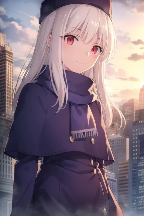 illyasvielvoneinzbern, <lora:illyasviel von einzbern ubw-lora-nochekaiser:1>,
illyasviel von einzbern, long hair, (red eyes:1.5), white hair, smile,
BREAK hat, boots, scarf, coat, capelet, white scarf, purple headwear, fur hat, papakha,
BREAK outdoors, sky, clouds, sun, city,
BREAK looking at viewer, (cowboy shot:1.5),
BREAK <lyco:GoodHands-beta2:1>, (masterpiece:1.2), best quality, high resolution, unity 8k wallpaper, (illustration:0.8), (beautiful detailed eyes:1.6), extremely detailed face, perfect lighting, extremely detailed CG, (perfect hands, perfect anatomy),