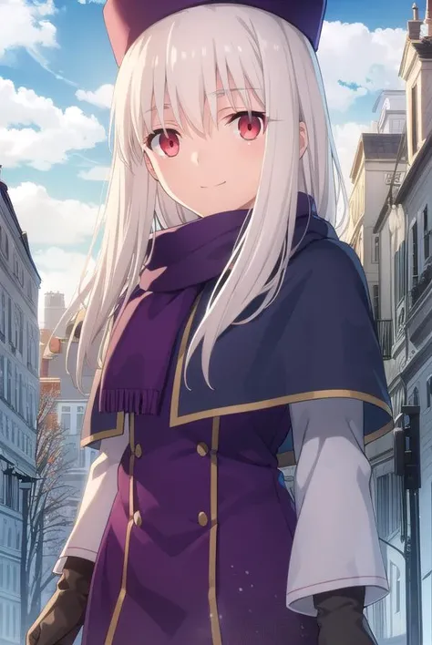 illyasvielvoneinzbern, <lora:illyasviel von einzbern ubw-lora-nochekaiser:1>,
illyasviel von einzbern, long hair, (red eyes:1.5), white hair, smile,
BREAK hat, boots, scarf, coat, capelet, white scarf, purple headwear, fur hat, papakha,
BREAK outdoors, sky, clouds, sun, city,
BREAK looking at viewer, (cowboy shot:1.5),
BREAK <lyco:GoodHands-beta2:1>, (masterpiece:1.2), best quality, high resolution, unity 8k wallpaper, (illustration:0.8), (beautiful detailed eyes:1.6), extremely detailed face, perfect lighting, extremely detailed CG, (perfect hands, perfect anatomy),