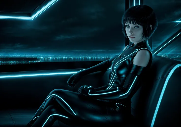 adult girl, 25 years old, Quorra, (((1girl, alone, solo))), dystopian, cinematic lighting, dark place, black background, (masterpiece, extremely detailed, best quality, realistic, raw photo, detailed face and eyes:1.4), cyberspace, cyberpunk, sci-fi, neon outline, ((sitting on the leather sofa, in the bedroom, panoramic window with view on the far city on horizon)), real photo, sharp focus, tigh fitting suit, Tron Legacy, half cyborg body, adult woman, (((full body horizontal portrait))), <lora:Quorra:0.75>