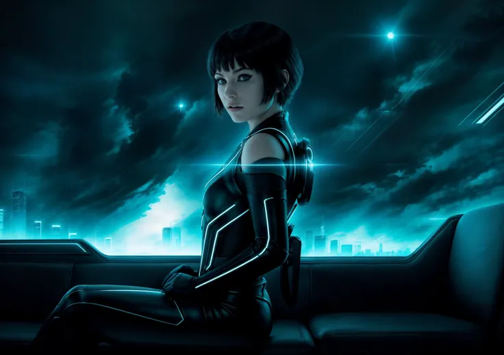 adult girl, 25 years old, Quorra, (((1girl, alone, solo))),  dystopian, cinematic lighting, dark place, black background, (masterpiece, extremely detailed, best quality, realistic, raw photo, detailed face and eyes:1.4), cyberspace, cyberpunk, sci-fi, neon outline, ((sitting on the leather sofa, in the bedroom, panoramic window with view on the far city on horizon)), real photo, sharp focus, tigh fitting suit, Tron Legacy, half cyborg body, adult woman, (((full body horizontal portrait))), <lora:Quorra:0.75>