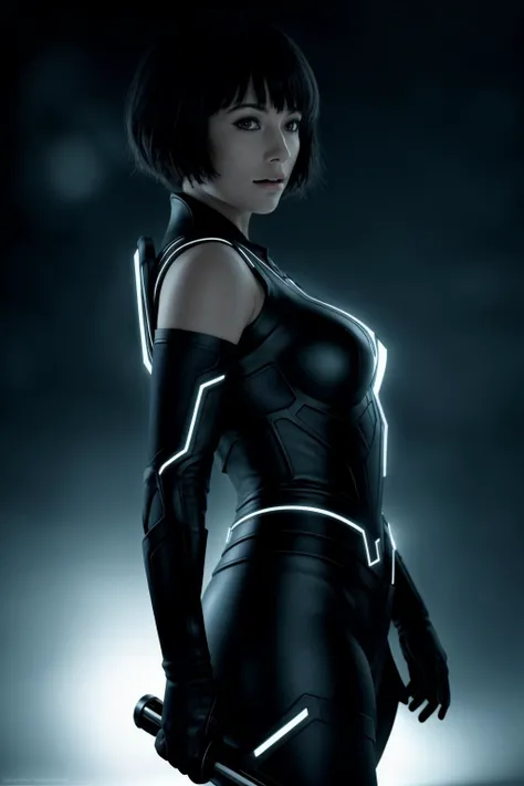 finely detailed, quality, rembrandt lighting, (masterpiece, photorealistic:1.2), (best quality, detailed skin:1.3), (intricate details), dramatic, ray tracing, 1girl, alone, solo, detailed skin texture, (blush:0.5), subsurface scattering, medium breasts, Quorra, dynamic pose, cinematic composition, sharp focus, dystopian, cinematic lighting, dark, black background, front side of body view portrait, <lora:Quorra:0.7>