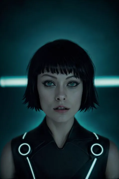 quorra, dystopian, cinematic lighting, dark, neon lights, black background, nikon d850, film stock photograph ,4 kodak portra 400 ,camera f1.6 lens ,rich colors ,hyper realistic ,lifelike texture , cinestill 800, sexy, seductive