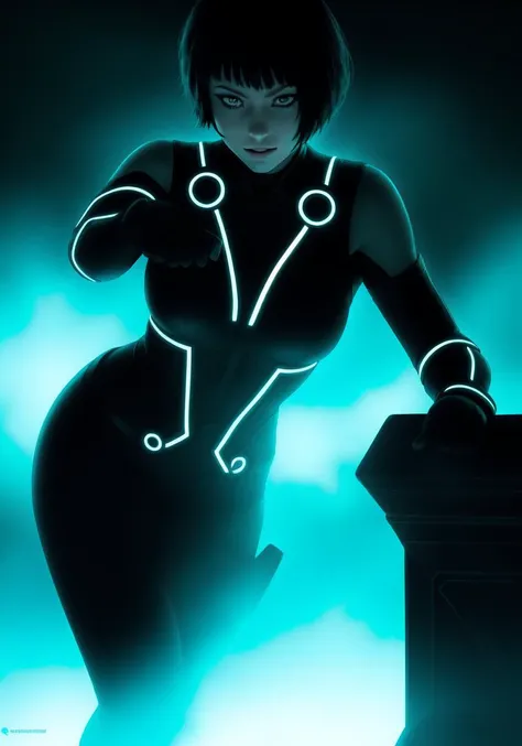 Quorra, 1girl, cowboy shot, highly detailed, sharp focus, dystopian, cinematic lighting, dark, black background,