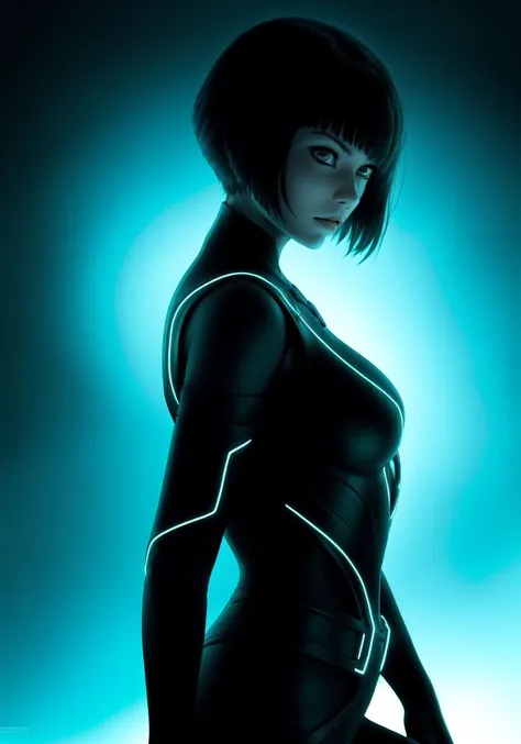 Quorra, 1girl, cowboy shot, highly detailed, sharp focus, dystopian, cinematic lighting, dark, black background,