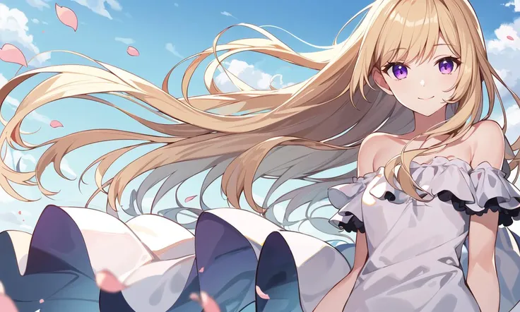 masterpiece,best quality,
1girl,(solo:1.25), years,blonde hair,(very long hair),purple eyes,(frills blouse,white short sleeves,off_shoulder,bare shoulders,white blouse),(upper body:1.2),black skirt,smile,closed mouth,standing,
wind,blue sky,petals,fewer clouds