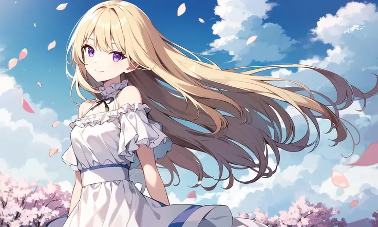 masterpiece,best quality,
1girl,(solo:1.25), years,blonde hair,(very long hair),purple eyes,(frills blouse,white short sleeves,off_shoulder,bare shoulders,white blouse),(upper body:1.2),black skirt,smile,closed mouth,standing,
wind,blue sky,petals,fewer clouds