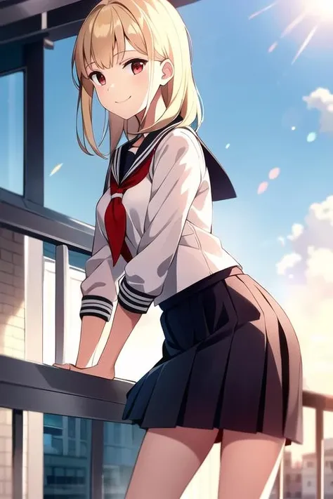 masterpeice,highly detailed,
1girl,solo,leaning forward,uniform,skirt,side face,from side,smile,closed mouth,
medium hair,small breasts,school uniform,serafuku,long skirt,
blonde hair,red eyes,white uniform,sailor collar,black skirt,
railing,balcony,morning,sunlight,building,day