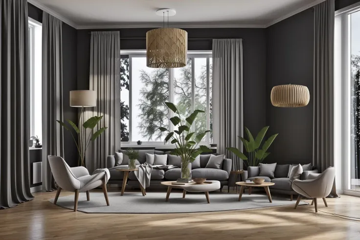 interior, a living room with a couch, chair, table and windows with curtains on them and a chandelier hanging from the ceiling, Enguerrand Quarton, vray render, a digital rendering, photorealism
interior, flower, indoors, tree, no humans, window, chair, table, plant, curtains, scenery, couch, wooden floor, vase
Step into the realms of an 8k masterpiece wallpaper, a nexus of ultra-detail, high resolution, and impeccable shadow play. Rendered in digital illustration, it bears a semblance to the works of Yoko Honda. Set against the backdrop of a Nayuta Nordic Modern Interior Design room, the scene features a chair, a vase flaunting a white flower, a table, swaying curtains, a luxurious couch, a lamp placed near a window, a cup, a spread-out book, and a vibrant plant. The color temperature bathes the room in golden hues, adding to its charm. In the absence of humans, the setting resonates with profound stillness. Ray tracing, photon mapping, and radiosity merge seamlessly with professional lighting to create an ethereal atmosphere  <lora:interior01_SDLife_Chiasedamme_v1.0:0.8>