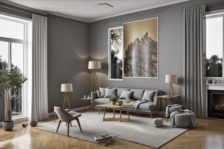 interior, a living room with a couch, chair, table and windows with curtains on them and a chandelier hanging from the ceiling, Enguerrand Quarton, vray render, a digital rendering, photorealism
interior, flower, indoors, tree, no humans, window, chair, table, plant, curtains, scenery, couch, wooden floor, vase
Step into the realms of an 8k masterpiece wallpaper, a nexus of ultra-detail, high resolution, and impeccable shadow play. Rendered in digital illustration, it bears a semblance to the works of Yoko Honda. Set against the backdrop of a Nayuta Nordic Modern Interior Design room, the scene features a chair, a vase flaunting a white flower, a table, swaying curtains, a luxurious couch, a lamp placed near a window, a cup, a spread-out book, and a vibrant plant. The color temperature bathes the room in golden hues, adding to its charm. In the absence of humans, the setting resonates with profound stillness. Ray tracing, photon mapping, and radiosity merge seamlessly with professional lighting to create an ethereal atmosphere <lora:interior01_SDLife_Chiasedamme_v1.0:0.68>