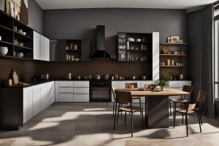 interior, a kitchen with a table and chairs and a wine rack in the middle of the room with a window, Dahlov Ipcar, vray render, a 3D render, photorealism
interior, food, indoors, no humans, window, chair, table, plant, scenery, plate, shelf, kitchen, frying pan, sink, stove
Dive into the ultra-detailed 8k masterpiece, carefully crafted with photorealistic precision of 1.37 ratio, all in the essence of Nayuta Nordic Modern Interior Design. Art form: Photography. Inspired by the techniques of Annie Leibovitz, the kitchen showcases professional lighting, a scenery where the play of radiosity brightens the room. A stove with a frying pan, a gleaming refrigerator beside tiles and cabinet, a sink with a faucet overlooking a tile wall. On the shelf, there's a spatula, a chair nearby with a plant and some food in a jar. Lens: 35mm. The room basks in a warm color temperature. Perfectly illuminated with ray tracing and the best shadows using physically-based rendering <lora:add_detail:0.5> <lora:more_details:0.5> <lora:interior01_SDLife_Chiasedamme_v1.0:0.6>