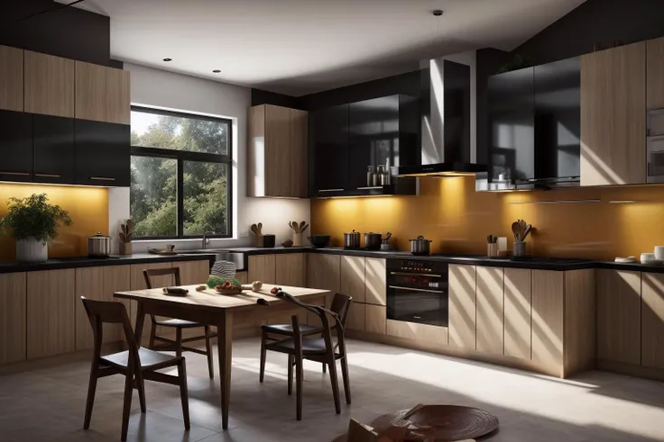 interior, a kitchen with a table and chairs and a wine rack in the middle of the room with a window, Dahlov Ipcar, vray render, a 3D render, photorealism
interior, food, indoors, no humans, window, chair, table, plant, scenery, plate, shelf, kitchen, frying pan, sink, stove
Dive into the ultra-detailed 8k masterpiece, carefully crafted with photorealistic precision of 1.37 ratio, all in the essence of Nayuta Nordic Modern Interior Design. Art form: Photography. Inspired by the techniques of Annie Leibovitz, the kitchen showcases professional lighting, a scenery where the play of radiosity brightens the room. A stove with a frying pan, a gleaming refrigerator beside tiles and cabinet, a sink with a faucet overlooking a tile wall. On the shelf, there's a spatula, a chair nearby with a plant and some food in a jar. Lens: 35mm. The room basks in a warm color temperature. Perfectly illuminated with ray tracing and the best shadows using physically-based rendering <lora:add_detail:0.5> <lora:more_details:0.5> <lora:interior01_SDLife_Chiasedamme_v1.0:0.6>