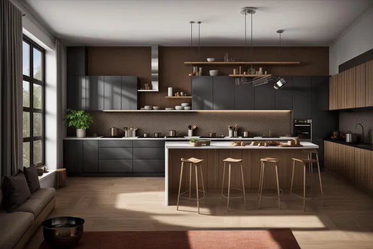 interior, a kitchen with a table and chairs and a wine rack in the middle of the room with a window, Dahlov Ipcar, vray render, a 3D render, photorealism
interior, food, indoors, no humans, window, chair, table, plant, scenery, plate, shelf, kitchen, frying pan, sink, stove
Dive into the ultra-detailed 8k masterpiece, carefully crafted with photorealistic precision of 1.37 ratio, all in the essence of Nayuta Nordic Modern Interior Design. Art form: Photography. Inspired by the techniques of Annie Leibovitz, the kitchen showcases professional lighting, a scenery where the play of radiosity brightens the room. A stove with a frying pan, a gleaming refrigerator beside tiles and cabinet, a sink with a faucet overlooking a tile wall. On the shelf, there's a spatula, a chair nearby with a plant and some food in a jar. Lens: 35mm. The room basks in a warm color temperature. Perfectly illuminated with ray tracing and the best shadows using physically-based rendering <lora:add_detail:0.5> <lora:more_details:0.5>  <lora:interior01_SDLife_Chiasedamme_v1.0:0.6>