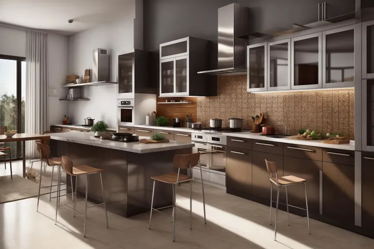 interior, a kitchen with a table and chairs and a wine rack in the middle of the room with a window, Dahlov Ipcar, vray render, a 3D render, photorealism
interior, food, indoors, no humans, window, chair, table, plant, scenery, plate, shelf, kitchen, frying pan, sink, stove
Dive into the ultra-detailed 8k masterpiece, carefully crafted with photorealistic precision of 1.37 ratio, all in the essence of Nayuta Nordic Modern Interior Design. Art form: Photography. Inspired by the techniques of Annie Leibovitz, the kitchen showcases professional lighting, a scenery where the play of radiosity brightens the room. A stove with a frying pan, a gleaming refrigerator beside tiles and cabinet, a sink with a faucet overlooking a tile wall. On the shelf, there's a spatula, a chair nearby with a plant and some food in a jar. Lens: 35mm. The room basks in a warm color temperature. Perfectly illuminated with ray tracing and the best shadows using physically-based rendering <lora:add_detail:0.5> <lora:more_details:0.5> <lora:interior02_SDLife_Chiasedamme_v2.0:0.6>
