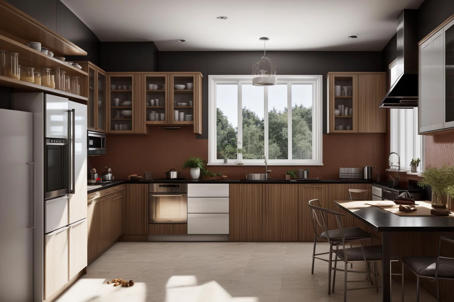 interior, a kitchen with a table and chairs and a wine rack in the middle of the room with a window, Dahlov Ipcar, vray render, a 3D render, photorealism
interior, food, indoors, no humans, window, chair, table, plant, scenery, plate, shelf, kitchen, frying pan, sink, stove
Dive into the ultra-detailed 8k masterpiece, carefully crafted with photorealistic precision of 1.37 ratio, all in the essence of Nayuta Nordic Modern Interior Design. Art form: Photography. Inspired by the techniques of Annie Leibovitz, the kitchen showcases professional lighting, a scenery where the play of radiosity brightens the room. A stove with a frying pan, a gleaming refrigerator beside tiles and cabinet, a sink with a faucet overlooking a tile wall. On the shelf, there's a spatula, a chair nearby with a plant and some food in a jar. Lens: 35mm. The room basks in a warm color temperature. Perfectly illuminated with ray tracing and the best shadows using physically-based rendering <lora:add_detail:0.5> <lora:more_details:0.5> <lora:interior02_SDLife_Chiasedamme_v2.0:0.6>