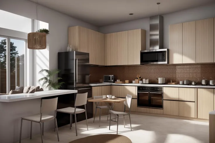 interior, a kitchen with a table and chairs and a wine rack in the middle of the room with a window, Dahlov Ipcar, vray render, a 3D render, photorealism
interior, food, indoors, no humans, window, chair, table, plant, scenery, plate, shelf, kitchen, frying pan, sink, stove
Dive into the ultra-detailed 8k masterpiece, carefully crafted with photorealistic precision of 1.37 ratio, all in the essence of Nayuta Nordic Modern Interior Design. Art form: Photography. Inspired by the techniques of Annie Leibovitz, the kitchen showcases professional lighting, a scenery where the play of radiosity brightens the room. A stove with a frying pan, a gleaming refrigerator beside tiles and cabinet, a sink with a faucet overlooking a tile wall. On the shelf, there's a spatula, a chair nearby with a plant and some food in a jar. Lens: 35mm. The room basks in a warm color temperature. Perfectly illuminated with ray tracing and the best shadows using physically-based rendering <lora:add_detail:0.5> <lora:more_details:0.5> <lora:interior02_SDLife_Chiasedamme_v2.0:0.6>