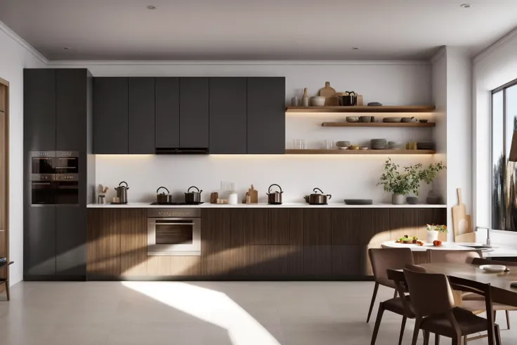 interior, a kitchen with a table and chairs and a wine rack in the middle of the room with a window, Dahlov Ipcar, vray render, a 3D render, photorealism
interior, food, indoors, no humans, window, chair, table, plant, scenery, plate, shelf, kitchen, frying pan, sink, stove
Dive into the ultra-detailed 8k masterpiece, carefully crafted with photorealistic precision of 1.37 ratio, all in the essence of Nayuta Nordic Modern Interior Design. Art form: Photography. Inspired by the techniques of Annie Leibovitz, the kitchen showcases professional lighting, a scenery where the play of radiosity brightens the room. A stove with a frying pan, a gleaming refrigerator beside tiles and cabinet, a sink with a faucet overlooking a tile wall. On the shelf, there's a spatula, a chair nearby with a plant and some food in a jar. Lens: 35mm. The room basks in a warm color temperature. Perfectly illuminated with ray tracing and the best shadows using physically-based rendering <lora:add_detail:0.5> <lora:more_details:0.5> <lora:interior02_SDLife_Chiasedamme_v2.0:0.6>