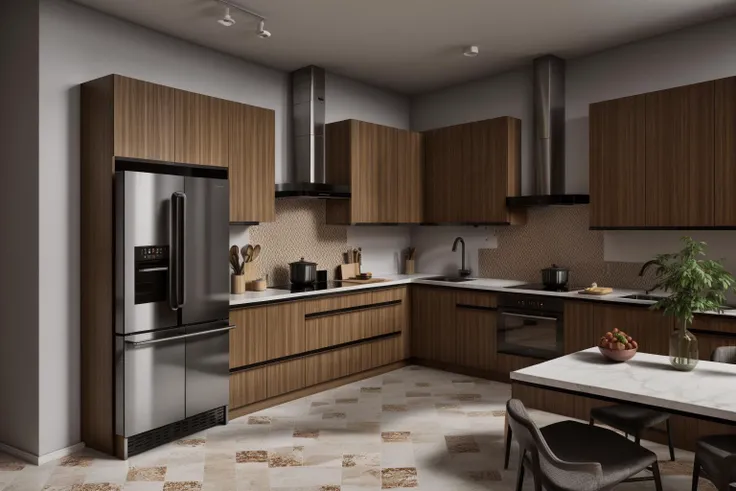 interior, a kitchen with a table and chairs and a wine rack in the middle of the room with a window, Dahlov Ipcar, vray render, a 3D render, photorealism
interior, food, indoors, no humans, window, chair, table, plant, scenery, plate, shelf, kitchen, frying pan, sink, stove
Dive into the ultra-detailed 8k masterpiece, carefully crafted with photorealistic precision of 1.37 ratio, all in the essence of Nayuta Nordic Modern Interior Design. Art form: Photography. Inspired by the techniques of Annie Leibovitz, the kitchen showcases professional lighting, a scenery where the play of radiosity brightens the room. A stove with a frying pan, a gleaming refrigerator beside tiles and cabinet, a sink with a faucet overlooking a tile wall. On the shelf, there's a spatula, a chair nearby with a plant and some food in a jar. Lens: 35mm. The room basks in a warm color temperature. Perfectly illuminated with ray tracing and the best shadows using physically-based rendering <lora:add_detail:0.5> <lora:more_details:0.5> <lora:interior01_SDLife_Chiasedamme_v1.0:0.6>