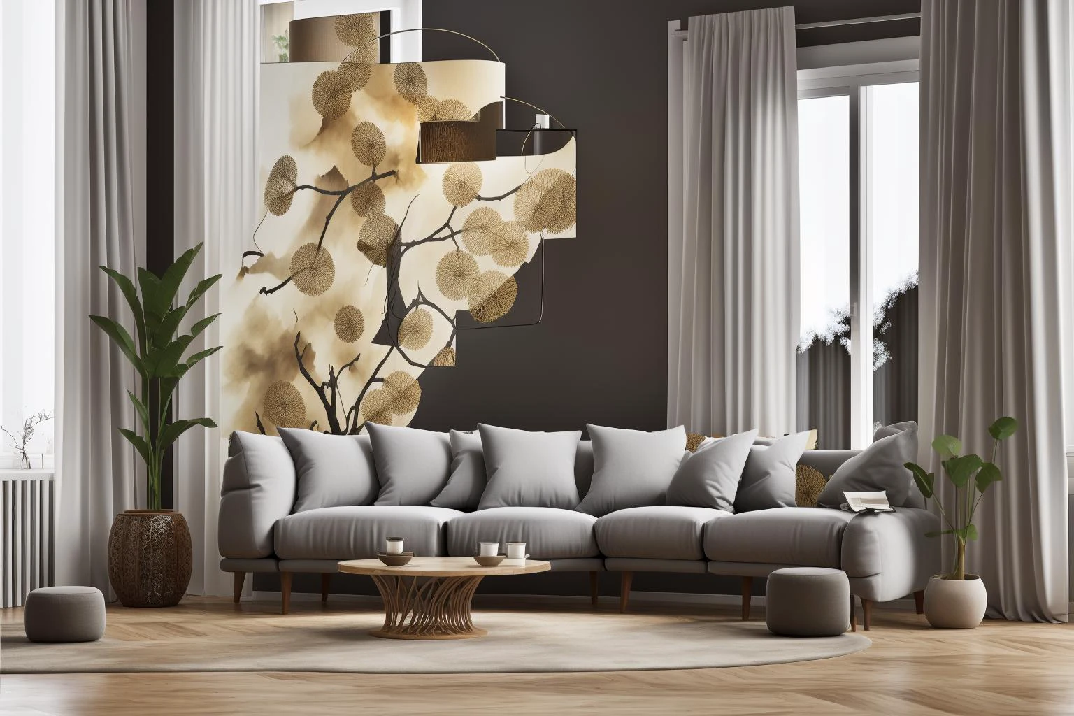 interior, a living room with a couch, chair, table and windows with curtains on them and a chandelier hanging from the ceiling, Enguerrand Quarton, vray render, a digital rendering, photorealism
interior, flower, indoors, tree, no humans, window, chair, table, plant, curtains, scenery, couch, wooden floor, vase
Step into the realms of an 8k masterpiece wallpaper, a nexus of ultra-detail, high resolution, and impeccable shadow play. Rendered in digital illustration, it bears a semblance to the works of Yoko Honda. Set against the backdrop of a Nayuta Nordic Modern Interior Design room, the scene features a chair, a vase flaunting a white flower, a table, swaying curtains, a luxurious couch, a lamp placed near a window, a cup, a spread-out book, and a vibrant plant. The color temperature bathes the room in golden hues, adding to its charm. In the absence of humans, the setting resonates with profound stillness. Ray tracing, photon mapping, and radiosity merge seamlessly with professional lighting to create an ethereal atmosphere <lora:interior02_SDLife_Chiasedamme_v2.0:0.8>