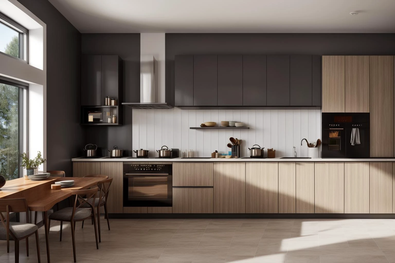 interior, a kitchen with a table and chairs and a wine rack in the middle of the room with a window, Dahlov Ipcar, vray render, a 3D render, photorealism
interior, food, indoors, no humans, window, chair, table, plant, scenery, plate, shelf, kitchen, frying pan, sink, stove
Dive into the ultra-detailed 8k masterpiece, carefully crafted with photorealistic precision of 1.37 ratio, all in the essence of Nayuta Nordic Modern Interior Design. Art form: Photography. Inspired by the techniques of Annie Leibovitz, the kitchen showcases professional lighting, a scenery where the play of radiosity brightens the room. A stove with a frying pan, a gleaming refrigerator beside tiles and cabinet, a sink with a faucet overlooking a tile wall. On the shelf, there's a spatula, a chair nearby with a plant and some food in a jar. Lens: 35mm. The room basks in a warm color temperature. Perfectly illuminated with ray tracing and the best shadows using physically-based rendering <lora:add_detail:0.5> <lora:more_details:0.5> <lora:interior02_SDLife_Chiasedamme_v2.0:0.6>