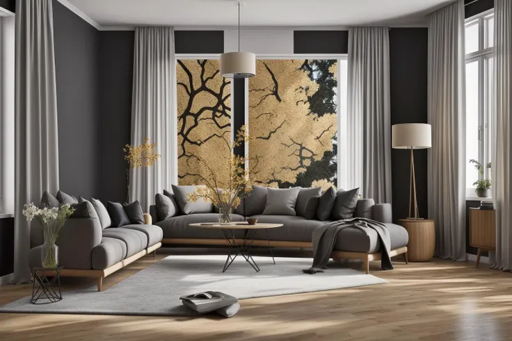 interior, a living room with a couch, chair, table and windows with curtains on them and a chandelier hanging from the ceiling, Enguerrand Quarton, vray render, a digital rendering, photorealism
interior, flower, indoors, tree, no humans, window, chair, table, plant, curtains, scenery, couch, wooden floor, vase
Step into the realms of an 8k masterpiece wallpaper, a nexus of ultra-detail, high resolution, and impeccable shadow play. Rendered in digital illustration, it bears a semblance to the works of Yoko Honda. Set against the backdrop of a Nayuta Nordic Modern Interior Design room, the scene features a chair, a vase flaunting a white flower, a table, swaying curtains, a luxurious couch, a lamp placed near a window, a cup, a spread-out book, and a vibrant plant. The color temperature bathes the room in golden hues, adding to its charm. In the absence of humans, the setting resonates with profound stillness. Ray tracing, photon mapping, and radiosity merge seamlessly with professional lighting to create an ethereal atmosphere <lora:interior01_SDLife_Chiasedamme_v1.0:0.68>