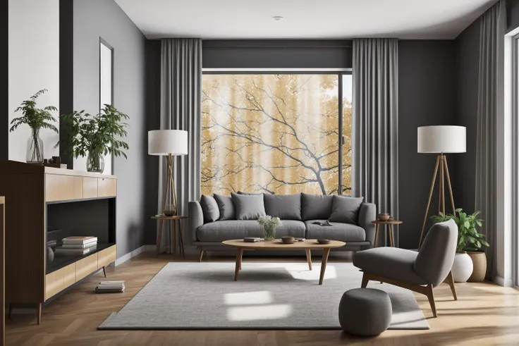 interior, Step into the realms of an 8k masterpiece wallpaper, a nexus of ultra-detail, high resolution, and impeccable shadow play. Rendered in digital illustration, it bears a semblance to the works of Yoko Honda. Set against the backdrop of a Nayuta Nordic Modern Interior Design room, the scene features a chair, a vase flaunting a white flower, a table, swaying curtains, a luxurious couch, a lamp placed near a window, a cup, a spread-out book, and a vibrant plant. The color temperature bathes the room in golden hues, adding to its charm. In the absence of humans, the setting resonates with profound stillness. Ray tracing, photon mapping, and radiosity merge seamlessly with professional lighting to create an ethereal atmosphere <lora:interior01_SDLife_Chiasedamme_v1.0:0.6>