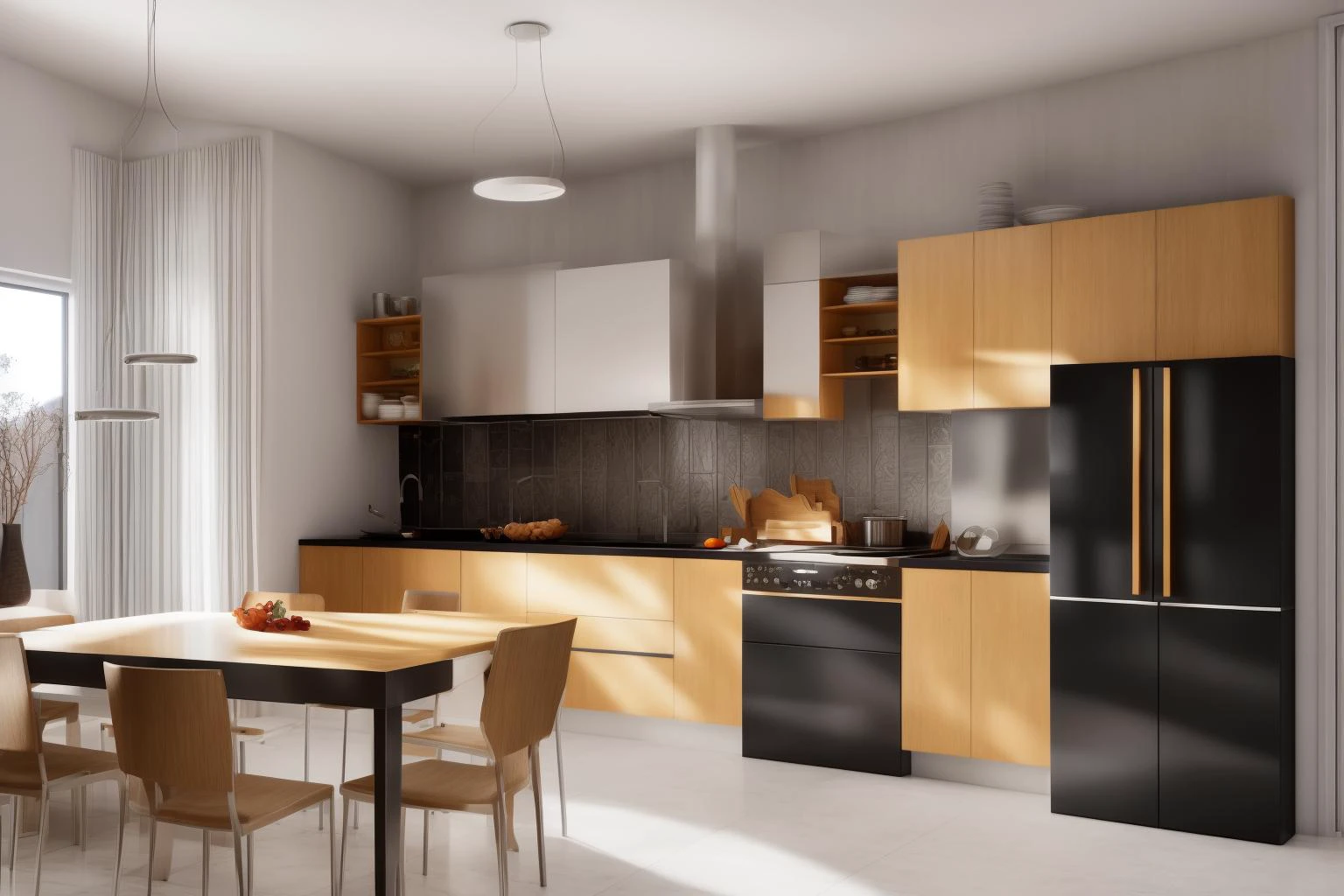 interior, a kitchen with a table and chairs and a wine rack in the middle of the room with a window, Dahlov Ipcar, vray render, a 3D render, photorealism
interior, food, indoors, no humans, window, chair, table, plant, scenery, plate, shelf, kitchen, frying pan, sink, stove
Dive into the ultra-detailed 8k masterpiece, carefully crafted with photorealistic precision of 1.37 ratio, all in the essence of Nayuta Nordic Modern Interior Design. Art form: Photography. Inspired by the techniques of Annie Leibovitz, the kitchen showcases professional lighting, a scenery where the play of radiosity brightens the room. A stove with a frying pan, a gleaming refrigerator beside tiles and cabinet, a sink with a faucet overlooking a tile wall. On the shelf, there's a spatula, a chair nearby with a plant and some food in a jar. Lens: 35mm. The room basks in a warm color temperature. Perfectly illuminated with ray tracing and the best shadows using physically-based rendering <lora:add_detail:0.5> <lora:more_details:0.5> <lora:interior02_SDLife_Chiasedamme_v2.0:0.6>