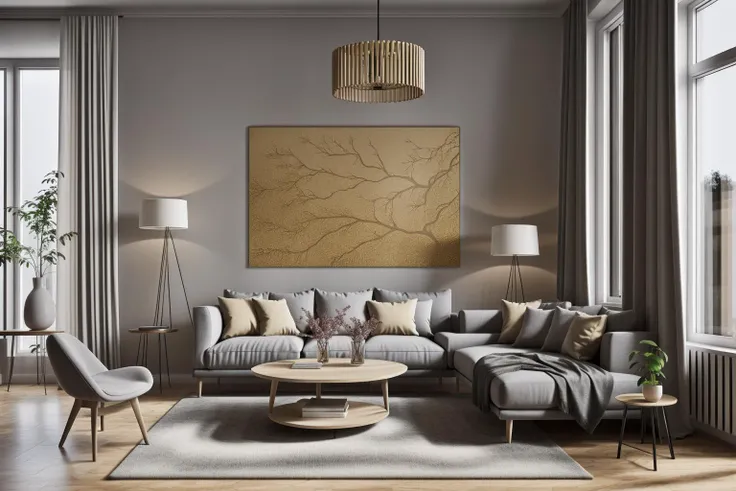 interior, a living room with a couch, chair, table and windows with curtains on them and a chandelier hanging from the ceiling, Enguerrand Quarton, vray render, a digital rendering, photorealism
interior, flower, indoors, tree, no humans, window, chair, table, plant, curtains, scenery, couch, wooden floor, vase
Step into the realms of an 8k masterpiece wallpaper, a nexus of ultra-detail, high resolution, and impeccable shadow play. Rendered in digital illustration, it bears a semblance to the works of Yoko Honda. Set against the backdrop of a Nayuta Nordic Modern Interior Design room, the scene features a chair, a vase flaunting a white flower, a table, swaying curtains, a luxurious couch, a lamp placed near a window, a cup, a spread-out book, and a vibrant plant. The color temperature bathes the room in golden hues, adding to its charm. In the absence of humans, the setting resonates with profound stillness. Ray tracing, photon mapping, and radiosity merge seamlessly with professional lighting to create an ethereal atmosphere <lora:interior01_SDLife_Chiasedamme_v1.0:0.68>