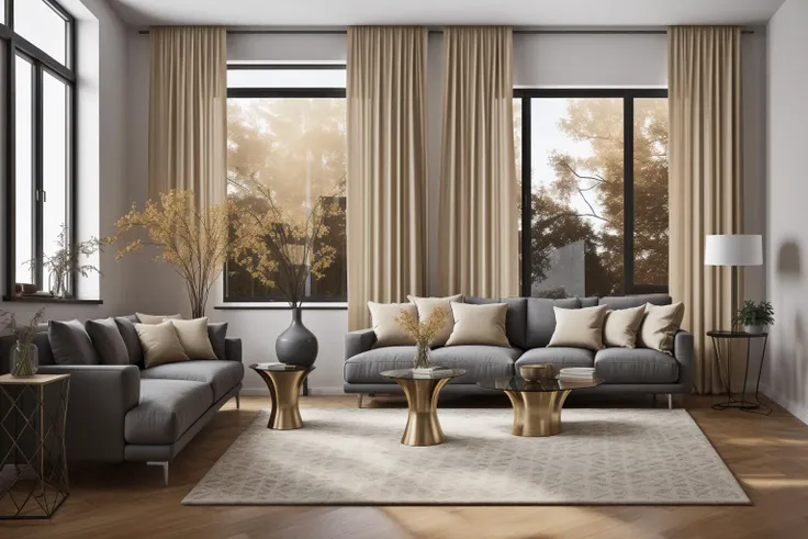 interior, Step into the realms of an 8k masterpiece wallpaper, a nexus of ultra-detail, high resolution, and impeccable shadow play. Rendered in digital illustration, it bears a semblance to the works of Yoko Honda. Set against the backdrop of a Nayuta Nordic Modern Interior Design room, the scene features a chair, a vase flaunting a white flower, a table, swaying curtains, a luxurious couch, a lamp placed near a window, a cup, a spread-out book, and a vibrant plant. The color temperature bathes the room in golden hues, adding to its charm. In the absence of humans, the setting resonates with profound stillness. Ray tracing, photon mapping, and radiosity merge seamlessly with professional lighting to create an ethereal atmosphere <lora:interior01_SDLife_Chiasedamme_v1.0:0.6>