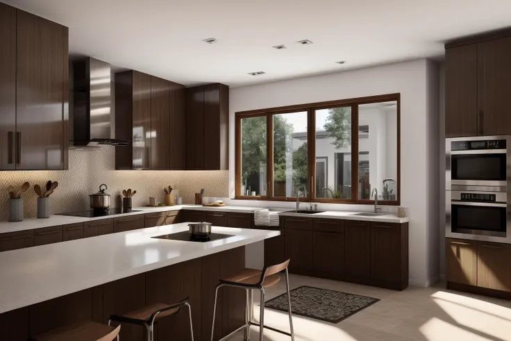 interior, a kitchen with a table and chairs and a wine rack in the middle of the room with a window, Dahlov Ipcar, vray render, a 3D render, photorealism
interior, food, indoors, no humans, window, chair, table, plant, scenery, plate, shelf, kitchen, frying pan, sink, stove
Dive into the ultra-detailed 8k masterpiece, carefully crafted with photorealistic precision of 1.37 ratio, all in the essence of Nayuta Nordic Modern Interior Design. Art form: Photography. Inspired by the techniques of Annie Leibovitz, the kitchen showcases professional lighting, a scenery where the play of radiosity brightens the room. A stove with a frying pan, a gleaming refrigerator beside tiles and cabinet, a sink with a faucet overlooking a tile wall. On the shelf, there's a spatula, a chair nearby with a plant and some food in a jar. Lens: 35mm. The room basks in a warm color temperature. Perfectly illuminated with ray tracing and the best shadows using physically-based rendering <lora:add_detail:0.5> <lora:more_details:0.5> <lora:interior02_SDLife_Chiasedamme_v2.0:0.6>