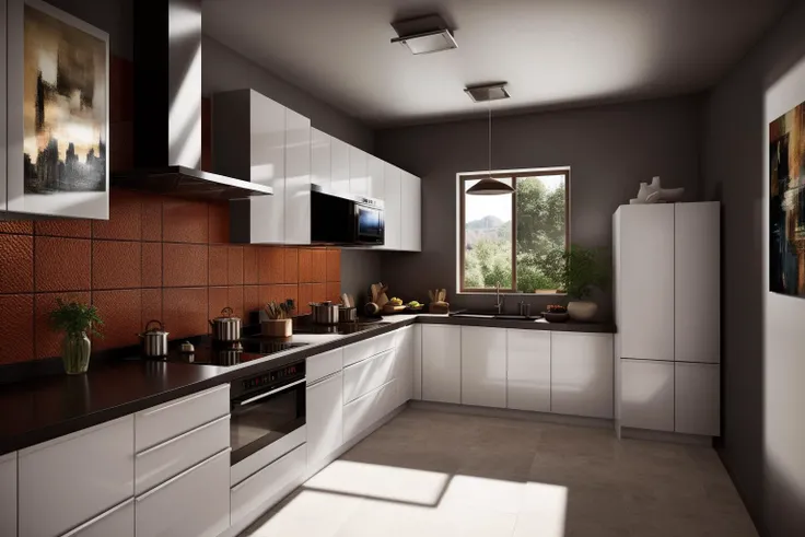 interior, a kitchen with a table and chairs and a wine rack in the middle of the room with a window, Dahlov Ipcar, vray render, a 3D render, photorealism
interior, food, indoors, no humans, window, chair, table, plant, scenery, plate, shelf, kitchen, frying pan, sink, stove
Dive into the ultra-detailed 8k masterpiece, carefully crafted with photorealistic precision of 1.37 ratio, all in the essence of Nayuta Nordic Modern Interior Design. Art form: Photography. Inspired by the techniques of Annie Leibovitz, the kitchen showcases professional lighting, a scenery where the play of radiosity brightens the room. A stove with a frying pan, a gleaming refrigerator beside tiles and cabinet, a sink with a faucet overlooking a tile wall. On the shelf, there's a spatula, a chair nearby with a plant and some food in a jar. Lens: 35mm. The room basks in a warm color temperature. Perfectly illuminated with ray tracing and the best shadows using physically-based rendering <lora:add_detail:0.5> <lora:more_details:0.5> <lora:interior02_SDLife_Chiasedamme_v2.0:0.6>
