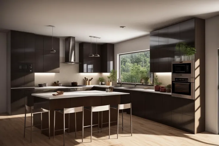 interior, a kitchen with a table and chairs and a wine rack in the middle of the room with a window, Dahlov Ipcar, vray render, a 3D render, photorealism
interior, food, indoors, no humans, window, chair, table, plant, scenery, plate, shelf, kitchen, frying pan, sink, stove
Dive into the ultra-detailed 8k masterpiece, carefully crafted with photorealistic precision of 1.37 ratio, all in the essence of Nayuta Nordic Modern Interior Design. Art form: Photography. Inspired by the techniques of Annie Leibovitz, the kitchen showcases professional lighting, a scenery where the play of radiosity brightens the room. A stove with a frying pan, a gleaming refrigerator beside tiles and cabinet, a sink with a faucet overlooking a tile wall. On the shelf, there's a spatula, a chair nearby with a plant and some food in a jar. Lens: 35mm. The room basks in a warm color temperature. Perfectly illuminated with ray tracing and the best shadows using physically-based rendering <lora:add_detail:0.5> <lora:more_details:0.5> <lora:interior02_SDLife_Chiasedamme_v2.0:0.6>