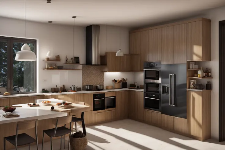 interior, a kitchen with a table and chairs and a wine rack in the middle of the room with a window, Dahlov Ipcar, vray render, a 3D render, photorealism
interior, food, indoors, no humans, window, chair, table, plant, scenery, plate, shelf, kitchen, frying pan, sink, stove
Dive into the ultra-detailed 8k masterpiece, carefully crafted with photorealistic precision of 1.37 ratio, all in the essence of Nayuta Nordic Modern Interior Design. Art form: Photography. Inspired by the techniques of Annie Leibovitz, the kitchen showcases professional lighting, a scenery where the play of radiosity brightens the room. A stove with a frying pan, a gleaming refrigerator beside tiles and cabinet, a sink with a faucet overlooking a tile wall. On the shelf, there's a spatula, a chair nearby with a plant and some food in a jar. Lens: 35mm. The room basks in a warm color temperature. Perfectly illuminated with ray tracing and the best shadows using physically-based rendering <lora:add_detail:0.5> <lora:more_details:0.5> <lora:interior02_SDLife_Chiasedamme_v2.0:0.6>