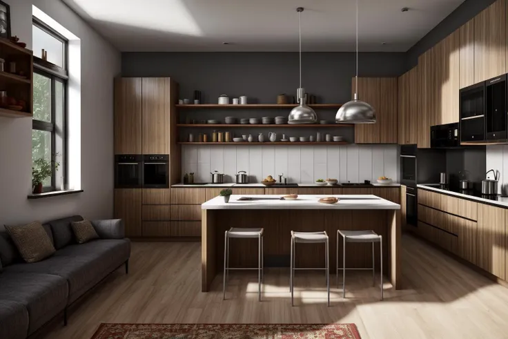 interior, a kitchen with a table and chairs and a wine rack in the middle of the room with a window, Dahlov Ipcar, vray render, a 3D render, photorealism
interior, food, indoors, no humans, window, chair, table, plant, scenery, plate, shelf, kitchen, frying pan, sink, stove
Dive into the ultra-detailed 8k masterpiece, carefully crafted with photorealistic precision of 1.37 ratio, all in the essence of Nayuta Nordic Modern Interior Design. Art form: Photography. Inspired by the techniques of Annie Leibovitz, the kitchen showcases professional lighting, a scenery where the play of radiosity brightens the room. A stove with a frying pan, a gleaming refrigerator beside tiles and cabinet, a sink with a faucet overlooking a tile wall. On the shelf, there's a spatula, a chair nearby with a plant and some food in a jar. Lens: 35mm. The room basks in a warm color temperature. Perfectly illuminated with ray tracing and the best shadows using physically-based rendering <lora:add_detail:0.5> <lora:more_details:0.5> <lora:interior01_SDLife_Chiasedamme_v1.0:0.6>