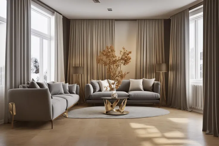 interior, a living room with a couch, chair, table and windows with curtains on them and a chandelier hanging from the ceiling, Enguerrand Quarton, vray render, a digital rendering, photorealism
interior, flower, indoors, tree, no humans, window, chair, table, plant, curtains, scenery, couch, wooden floor, vase
Step into the realms of an 8k masterpiece wallpaper, a nexus of ultra-detail, high resolution, and impeccable shadow play. Rendered in digital illustration, it bears a semblance to the works of Yoko Honda. Set against the backdrop of a Nayuta Nordic Modern Interior Design room, the scene features a chair, a vase flaunting a white flower, a table, swaying curtains, a luxurious couch, a lamp placed near a window, a cup, a spread-out book, and a vibrant plant. The color temperature bathes the room in golden hues, adding to its charm. In the absence of humans, the setting resonates with profound stillness. Ray tracing, photon mapping, and radiosity merge seamlessly with professional lighting to create an ethereal atmosphere <lora:interior02_SDLife_Chiasedamme_v2.0:0.8>