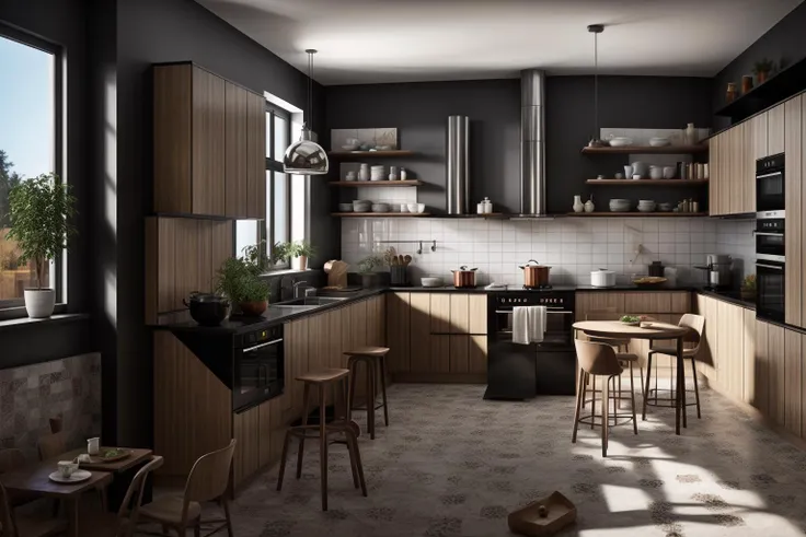 interior, a kitchen with a table and chairs and a wine rack in the middle of the room with a window, Dahlov Ipcar, vray render, a 3D render, photorealism
interior, food, indoors, no humans, window, chair, table, plant, scenery, plate, shelf, kitchen, frying pan, sink, stove
Dive into the ultra-detailed 8k masterpiece, carefully crafted with photorealistic precision of 1.37 ratio, all in the essence of Nayuta Nordic Modern Interior Design. Art form: Photography. Inspired by the techniques of Annie Leibovitz, the kitchen showcases professional lighting, a scenery where the play of radiosity brightens the room. A stove with a frying pan, a gleaming refrigerator beside tiles and cabinet, a sink with a faucet overlooking a tile wall. On the shelf, there's a spatula, a chair nearby with a plant and some food in a jar. Lens: 35mm. The room basks in a warm color temperature. Perfectly illuminated with ray tracing and the best shadows using physically-based rendering <lora:add_detail:0.5> <lora:more_details:0.5> <lora:interior01_SDLife_Chiasedamme_v1.0:0.6>