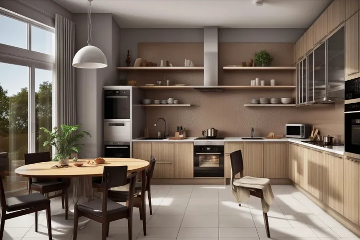 interior, a kitchen with a table and chairs and a wine rack in the middle of the room with a window, Dahlov Ipcar, vray render, a 3D render, photorealism
interior, food, indoors, no humans, window, chair, table, plant, scenery, plate, shelf, kitchen, frying pan, sink, stove
Dive into the ultra-detailed 8k masterpiece, carefully crafted with photorealistic precision of 1.37 ratio, all in the essence of Nayuta Nordic Modern Interior Design. Art form: Photography. Inspired by the techniques of Annie Leibovitz, the kitchen showcases professional lighting, a scenery where the play of radiosity brightens the room. A stove with a frying pan, a gleaming refrigerator beside tiles and cabinet, a sink with a faucet overlooking a tile wall. On the shelf, there's a spatula, a chair nearby with a plant and some food in a jar. Lens: 35mm. The room basks in a warm color temperature. Perfectly illuminated with ray tracing and the best shadows using physically-based rendering <lora:add_detail:0.5> <lora:more_details:0.5>   <lora:interior02_SDLife_Chiasedamme_v2.0:0.6>