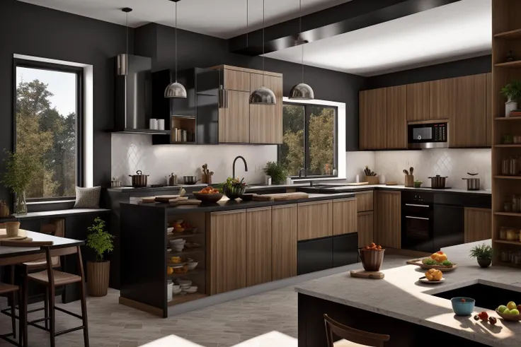 interior, a kitchen with a table and chairs and a wine rack in the middle of the room with a window, Dahlov Ipcar, vray render, a 3D render, photorealism
interior, food, indoors, no humans, window, chair, table, plant, scenery, plate, shelf, kitchen, frying pan, sink, stove
Dive into the ultra-detailed 8k masterpiece, carefully crafted with photorealistic precision of 1.37 ratio, all in the essence of Nayuta Nordic Modern Interior Design. Art form: Photography. Inspired by the techniques of Annie Leibovitz, the kitchen showcases professional lighting, a scenery where the play of radiosity brightens the room. A stove with a frying pan, a gleaming refrigerator beside tiles and cabinet, a sink with a faucet overlooking a tile wall. On the shelf, there's a spatula, a chair nearby with a plant and some food in a jar. Lens: 35mm. The room basks in a warm color temperature. Perfectly illuminated with ray tracing and the best shadows using physically-based rendering <lora:add_detail:0.5> <lora:more_details:0.5> <lora:interior01_SDLife_Chiasedamme_v1.0:0.6>