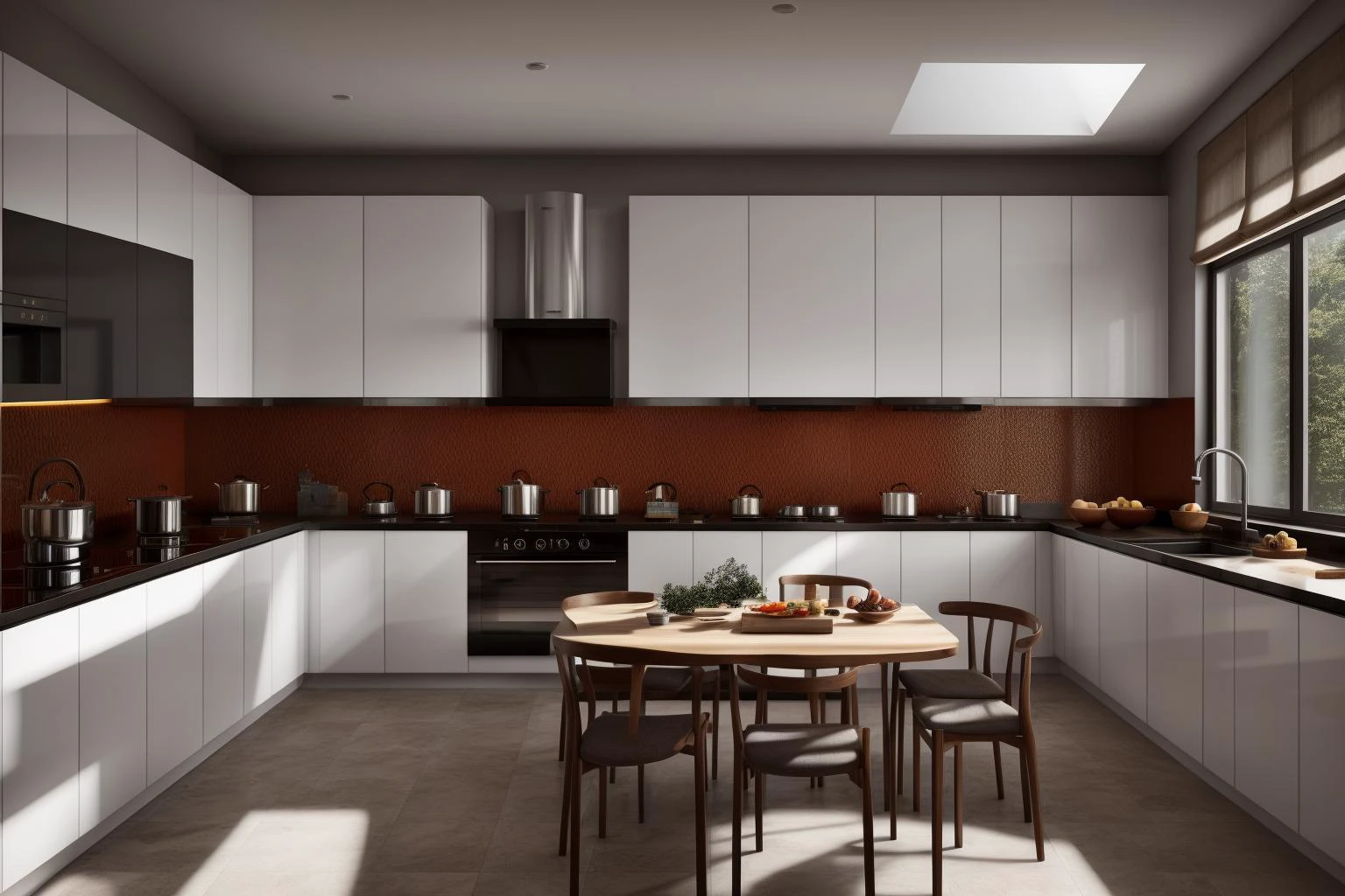 interior, a kitchen with a table and chairs and a wine rack in the middle of the room with a window, Dahlov Ipcar, vray render, a 3D render, photorealism
interior, food, indoors, no humans, window, chair, table, plant, scenery, plate, shelf, kitchen, frying pan, sink, stove
Dive into the ultra-detailed 8k masterpiece, carefully crafted with photorealistic precision of 1.37 ratio, all in the essence of Nayuta Nordic Modern Interior Design. Art form: Photography. Inspired by the techniques of Annie Leibovitz, the kitchen showcases professional lighting, a scenery where the play of radiosity brightens the room. A stove with a frying pan, a gleaming refrigerator beside tiles and cabinet, a sink with a faucet overlooking a tile wall. On the shelf, there's a spatula, a chair nearby with a plant and some food in a jar. Lens: 35mm. The room basks in a warm color temperature. Perfectly illuminated with ray tracing and the best shadows using physically-based rendering <lora:add_detail:0.5> <lora:more_details:0.5> <lora:interior02_SDLife_Chiasedamme_v2.0:0.6>