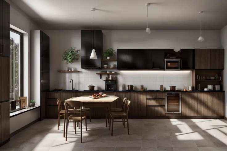 interior, a kitchen with a table and chairs and a wine rack in the middle of the room with a window, Dahlov Ipcar, vray render, a 3D render, photorealism
interior, food, indoors, no humans, window, chair, table, plant, scenery, plate, shelf, kitchen, frying pan, sink, stove
Dive into the ultra-detailed 8k masterpiece, carefully crafted with photorealistic precision of 1.37 ratio, all in the essence of Nayuta Nordic Modern Interior Design. Art form: Photography. Inspired by the techniques of Annie Leibovitz, the kitchen showcases professional lighting, a scenery where the play of radiosity brightens the room. A stove with a frying pan, a gleaming refrigerator beside tiles and cabinet, a sink with a faucet overlooking a tile wall. On the shelf, there's a spatula, a chair nearby with a plant and some food in a jar. Lens: 35mm. The room basks in a warm color temperature. Perfectly illuminated with ray tracing and the best shadows using physically-based rendering <lora:add_detail:0.5> <lora:more_details:0.5>  <lora:interior01_SDLife_Chiasedamme_v1.0:0.6>