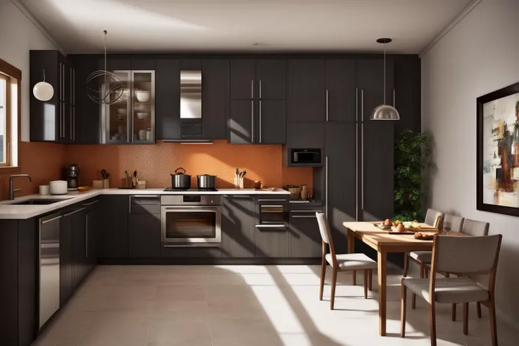 interior, a kitchen with a table and chairs and a wine rack in the middle of the room with a window, Dahlov Ipcar, vray render, a 3D render, photorealism
interior, food, indoors, no humans, window, chair, table, plant, scenery, plate, shelf, kitchen, frying pan, sink, stove
Dive into the ultra-detailed 8k masterpiece, carefully crafted with photorealistic precision of 1.37 ratio, all in the essence of Nayuta Nordic Modern Interior Design. Art form: Photography. Inspired by the techniques of Annie Leibovitz, the kitchen showcases professional lighting, a scenery where the play of radiosity brightens the room. A stove with a frying pan, a gleaming refrigerator beside tiles and cabinet, a sink with a faucet overlooking a tile wall. On the shelf, there's a spatula, a chair nearby with a plant and some food in a jar. Lens: 35mm. The room basks in a warm color temperature. Perfectly illuminated with ray tracing and the best shadows using physically-based rendering <lora:add_detail:0.5> <lora:more_details:0.5>   <lora:interior02_SDLife_Chiasedamme_v2.0:0.6>