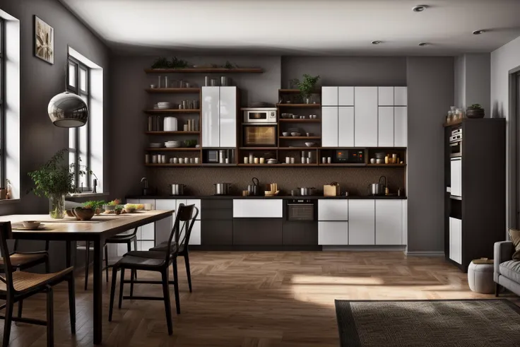 a close up of a kitchen with a table and chairs