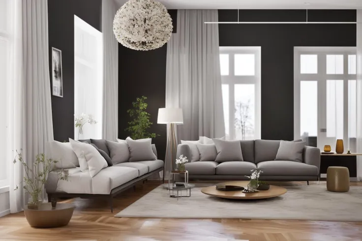interior, a living room with a couch, chair, table and windows with curtains on them and a chandelier hanging from the ceiling, Enguerrand Quarton, vray render, a digital rendering, photorealism
interior, flower, indoors, tree, no humans, window, chair, table, plant, curtains, scenery, couch, wooden floor, vase
Step into the realms of an 8k masterpiece wallpaper, a nexus of ultra-detail, high resolution, and impeccable shadow play. Rendered in digital illustration, it bears a semblance to the works of Yoko Honda. Set against the backdrop of a Nayuta Nordic Modern Interior Design room, the scene features a chair, a vase flaunting a white flower, a table, swaying curtains, a luxurious couch, a lamp placed near a window, a cup, a spread-out book, and a vibrant plant. The color temperature bathes the room in golden hues, adding to its charm. In the absence of humans, the setting resonates with profound stillness. Ray tracing, photon mapping, and radiosity merge seamlessly with professional lighting to create an ethereal atmosphere <lora:interior02_SDLife_Chiasedamme_v2.0:0.8>