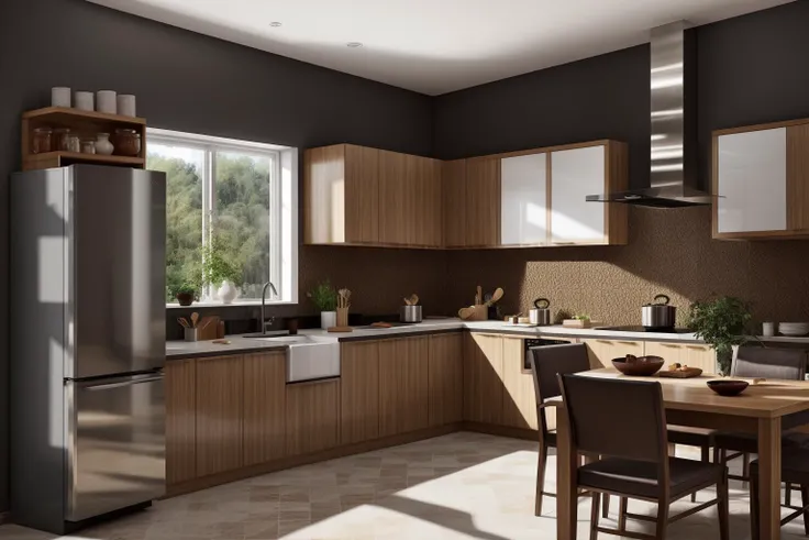 interior, a kitchen with a table and chairs and a wine rack in the middle of the room with a window, Dahlov Ipcar, vray render, a 3D render, photorealism
interior, food, indoors, no humans, window, chair, table, plant, scenery, plate, shelf, kitchen, frying pan, sink, stove
Dive into the ultra-detailed 8k masterpiece, carefully crafted with photorealistic precision of 1.37 ratio, all in the essence of Nayuta Nordic Modern Interior Design. Art form: Photography. Inspired by the techniques of Annie Leibovitz, the kitchen showcases professional lighting, a scenery where the play of radiosity brightens the room. A stove with a frying pan, a gleaming refrigerator beside tiles and cabinet, a sink with a faucet overlooking a tile wall. On the shelf, there's a spatula, a chair nearby with a plant and some food in a jar. Lens: 35mm. The room basks in a warm color temperature. Perfectly illuminated with ray tracing and the best shadows using physically-based rendering <lora:add_detail:0.5> <lora:more_details:0.5> <lora:interior02_SDLife_Chiasedamme_v2.0:0.6>