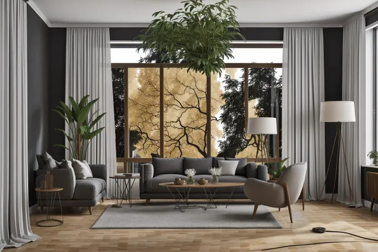 interior, a living room with a couch, chair, table and windows with curtains on them and a chandelier hanging from the ceiling, Enguerrand Quarton, vray render, a digital rendering, photorealism
interior, flower, indoors, tree, no humans, window, chair, table, plant, curtains, scenery, couch, wooden floor, vase
Step into the realms of an 8k masterpiece wallpaper, a nexus of ultra-detail, high resolution, and impeccable shadow play. Rendered in digital illustration, it bears a semblance to the works of Yoko Honda. Set against the backdrop of a Nayuta Nordic Modern Interior Design room, the scene features a chair, a vase flaunting a white flower, a table, swaying curtains, a luxurious couch, a lamp placed near a window, a cup, a spread-out book, and a vibrant plant. The color temperature bathes the room in golden hues, adding to its charm. In the absence of humans, the setting resonates with profound stillness. Ray tracing, photon mapping, and radiosity merge seamlessly with professional lighting to create an ethereal atmosphere <lora:interior01_SDLife_Chiasedamme_v1.0:0.8>
