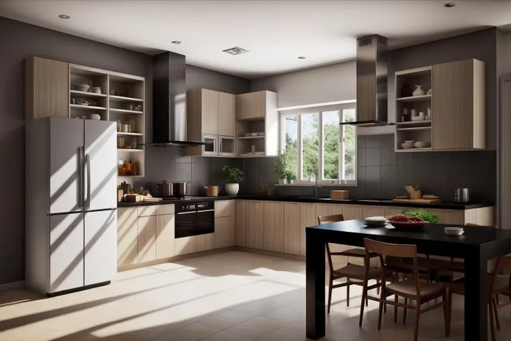 a close up of a kitchen with a table and chairs