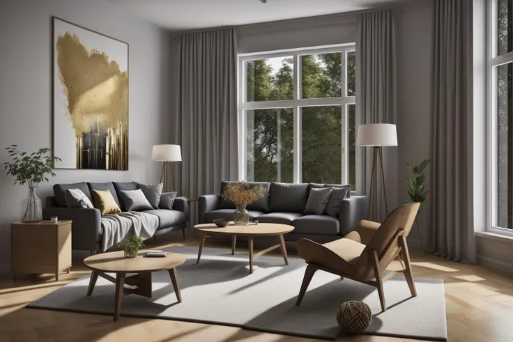 interior, Step into the realms of an 8k masterpiece wallpaper, a nexus of ultra-detail, high resolution, and impeccable shadow play. Rendered in digital illustration, it bears a semblance to the works of Yoko Honda. Set against the backdrop of a Nayuta Nordic Modern Interior Design room, the scene features a chair, a vase flaunting a white flower, a table, swaying curtains, a luxurious couch, a lamp placed near a window, a cup, a spread-out book, and a vibrant plant. The color temperature bathes the room in golden hues, adding to its charm. In the absence of humans, the setting resonates with profound stillness. Ray tracing, photon mapping, and radiosity merge seamlessly with professional lighting to create an ethereal atmosphere <lora:interior01_SDLife_Chiasedamme_v1.0:0.6>