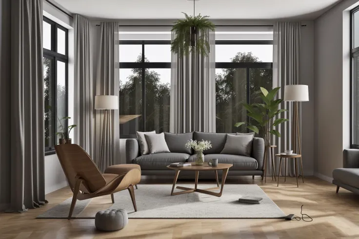 interior, a living room with a couch, chair, table and windows with curtains on them and a chandelier hanging from the ceiling, Enguerrand Quarton, vray render, a digital rendering, photorealism
interior, flower, indoors, tree, no humans, window, chair, table, plant, curtains, scenery, couch, wooden floor, vase
Step into the realms of an 8k masterpiece wallpaper, a nexus of ultra-detail, high resolution, and impeccable shadow play. Rendered in digital illustration, it bears a semblance to the works of Yoko Honda. Set against the backdrop of a Nayuta Nordic Modern Interior Design room, the scene features a chair, a vase flaunting a white flower, a table, swaying curtains, a luxurious couch, a lamp placed near a window, a cup, a spread-out book, and a vibrant plant. The color temperature bathes the room in golden hues, adding to its charm. In the absence of humans, the setting resonates with profound stillness. Ray tracing, photon mapping, and radiosity merge seamlessly with professional lighting to create an ethereal atmosphere  <lora:interior01_SDLife_Chiasedamme_v1.0:0.68>